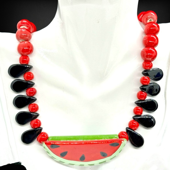 Signed Flying Colors & Book Piece Ceramic Bead & Watermelon Seed Slice Necklace - Picture 2 of 8